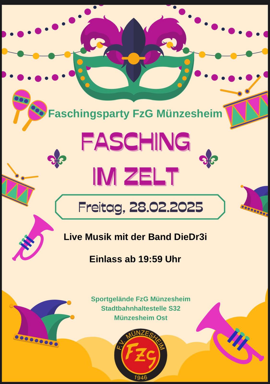 Plakat Faschingsparty FzG Münzesheim am 28.02.2025